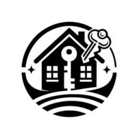 Black and white featuring a house with a keyhole and a key, set in a circle with stars and landscape lines for real estate. vector