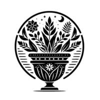 Elegant Black and White Circular Featuring a Detailed Decorative Urn Overflowing with Lush Foliage, Flowers, and Celestial Elements. vector