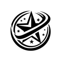 Bold Black and White Emblem A Central Star Enclosed in a Swirling Circle of Stars and Arcs, Isolated on White. vector