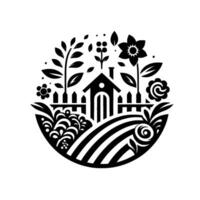 Stylized Black and White Garden Scene A Circular Featuring a Cottage, Flowers, and Field within a Rounded Border. vector