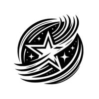 Black and white stylized of a star encased in swirling lines and sprinkled with smaller stars, on a white background. vector