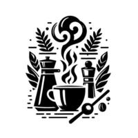 Artistic black and white illustration of coffee preparation, showcasing a steaming cup, brewer, grinder, spoon, and bean, surrounded by stylized leaves and elements. vector