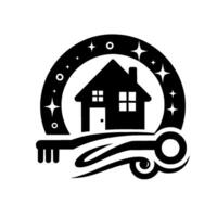 Black and white emblem depicting a house nestled within a starry arc, entwined with a stylized key, symbolizing home, security, and magic. vector