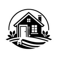 Minimalist black and white of a house with a key, surrounded by a stylized landscape within a circular frame. vector