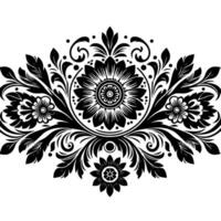 Symmetrical Black Floral with Detailed Petals, Leaves, and Spirals on a White Background, creating a pattern. vector