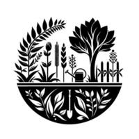 Stylized Black and White Illustration of an Organized Garden, Showcasing Diverse Flora and Gardening Tools within a Circular Frame. vector