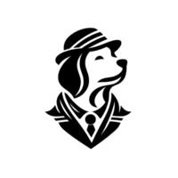 Stylized black and white illustration of a dapper dog in a fedora, tie, and suit jacket, a symbol of class. vector
