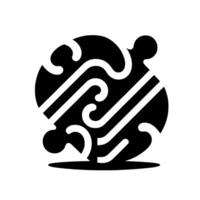Symmetrical, monochrome emblem featuring a stylized globe with an intricate pattern of curved white lines on a black background with shadow. vector