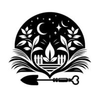 Black and white garden emblem featuring a crescent moon and stars, plants growing near a picket fence, with a key and trowel below. vector