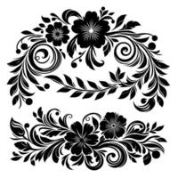 Elegant Black Floral Scrollwork Two Artistic Designs featuring Blooms, Leaves, and Ornate Swirls, displayed on a White Background. vector