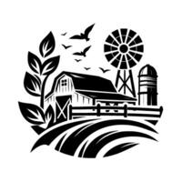 Monochromatic Farm Scene Barn, Windmill, Silo, Field, Birds, and Foliage in a Circular, Minimalist . vector