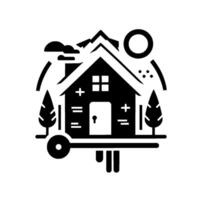 Black and white illustration of a house with key, trees, mountains, sun and clouds, inside a circle, representing real estate. vector