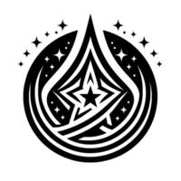 Abstract black and white star emblem with concentric lines, teardrop shape, and surrounding sparkles on a white background. vector