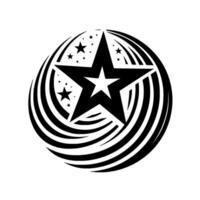 Black and White Starburst Emblem A central fivepointed star encircled by a vortex of layered, curved lines and smaller stars, on a stark white background. vector