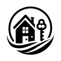 Monochromatic with a house and key within a circular , representing real estate and property ownership. vector