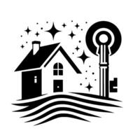 Monochrome emblem A whimsical house with a glowing key and starlit sky symbolizing home ownership. vector