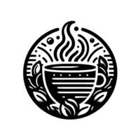 Circular Black and White Minimalist Illustration of a Steaming Coffee Cup with Leafy Embellishments and Abstract Elements. vector