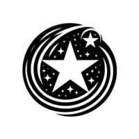 A stylized black and white featuring a large fivepointed star surrounded by smaller stars within a circular frame and cometlike trails. vector