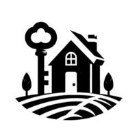 Black and White Illustration of a Home Symbol with Key, Trees, and Rolling Landscape, Representing Property, Home Ownership, and Security. vector