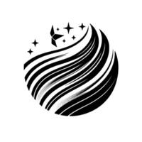 Abstract black and white geometric with a stylized spacecraft and stars orbiting a striped sphere, evoking motion. vector