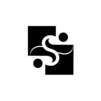 A stylized, modern, and minimalistic featuring a white S shape integrated with two black square backdrops and circle accents on a gradient white background. vector