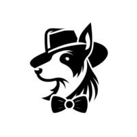 A dapper black and white illustration of a dog wearing a fedora and bow tie, capturing a sophisticated and playful vibe. vector