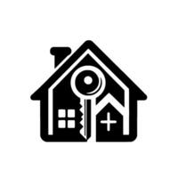 Stylized Black White Real Estate Home silhouette with Key and Symbol, a Minimalist Visual Representation. vector