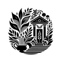 Black and white circular illustration of a classical facade surrounded by lush foliage, creating a serene, stylized garden scene. vector