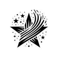 A monochromatic geometric featuring a stylized fivepointed star with radial lines, surrounded by smaller stars and dots, evoking motion and energy. vector