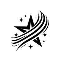 Black and white minimalist star with curved lines and surrounding sparkles, clean on white background. vector