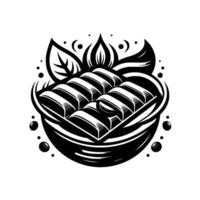 Artistic Illustration of a stylized bowl with three cylindrical food items, surrounded by leaves, a flame and circular accents, in black and white. vector
