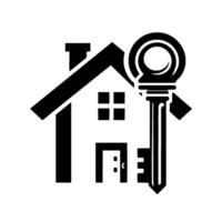 Simple Black and White Real Estate Featuring House Silhouette and Key Overlapping, Emphasizing Home Ownership and Security. vector