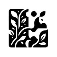 Geometric Black and White Square with Botanical Elements, Leafy Twigs, and Abstract Forms. vector