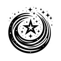A stylized, blackandwhite starburst with a central fivepointed star encircled by a swirling and smaller stars. vector