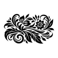 Intricate black floral on white, featuring stylized flowers, leaves, and elegant, swirling patterns, creating a decorative border or element. vector