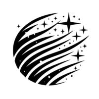 A stylized black and white celestial featuring a rounded form of striped light and a scattering of stars. vector