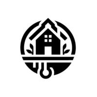 Modern, monochrome depicting a house within a circular frame, integrated with plant elements and a connected loop, suggesting sustainable living and energy. vector