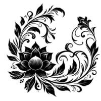 Elegant Black Floral with Lotus, Leaves, and Curlicues in Symmetrical Composition, isolated on White Background vector