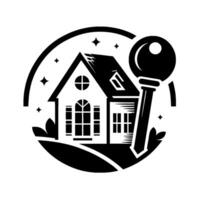 illustration of a house with a key, stars, and foliage, symbolizing homeownership and security, within a circular frame. vector
