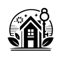Symbolic Black and White Real Estate Depicting a House, Key, and Natural Elements Within a Circular Frame. vector