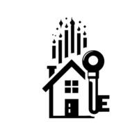Stylized monochrome , a house with stylized candlesflames as chimney smoke, a large key, representing homeownership, security. vector