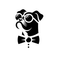 Dapper Black and White Pug Illustration Dog with Goggles, Bowtie, Mustache, and Tailored Silhouette on White Background. vector