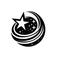 Black and white celestial large star at the center, surrounded by crescentshaped orbit with smaller stars and dots. vector