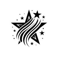Stylized Black Starburst with Dynamic Streaks and Celestial Ornaments on a Pristine White Background, Emblem . vector
