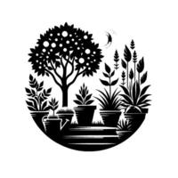 Black and white illustration of a circular indoor garden with potted plants, fruiting tree, and moon, creating a serene aesthetic. vector