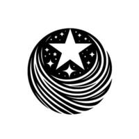 A stylized celestial emblem featuring a central white star surrounded by smaller stars within a dark circular field and flowing curved lines. vector