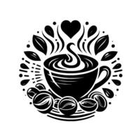 Intricate black and white illustration of a coffee cup with steam, heart, leaves, and coffee beans, creating a loving and aromatic composition, all inside a circle. vector