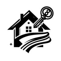 Black and white real estate emblem featuring a house, a key with an eight ball , and flowing ribbon. vector