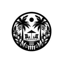 Black and White Circle Artwork Palm Trees Frame a Beach Scene with Chairs, Umbrella, and Fence Under a Bright Sun. vector