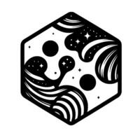 Abstract Hexagonal Black White Illustration of a Cosmic Scene with Planets, Stars, and Fluid, Stylized Forms. vector